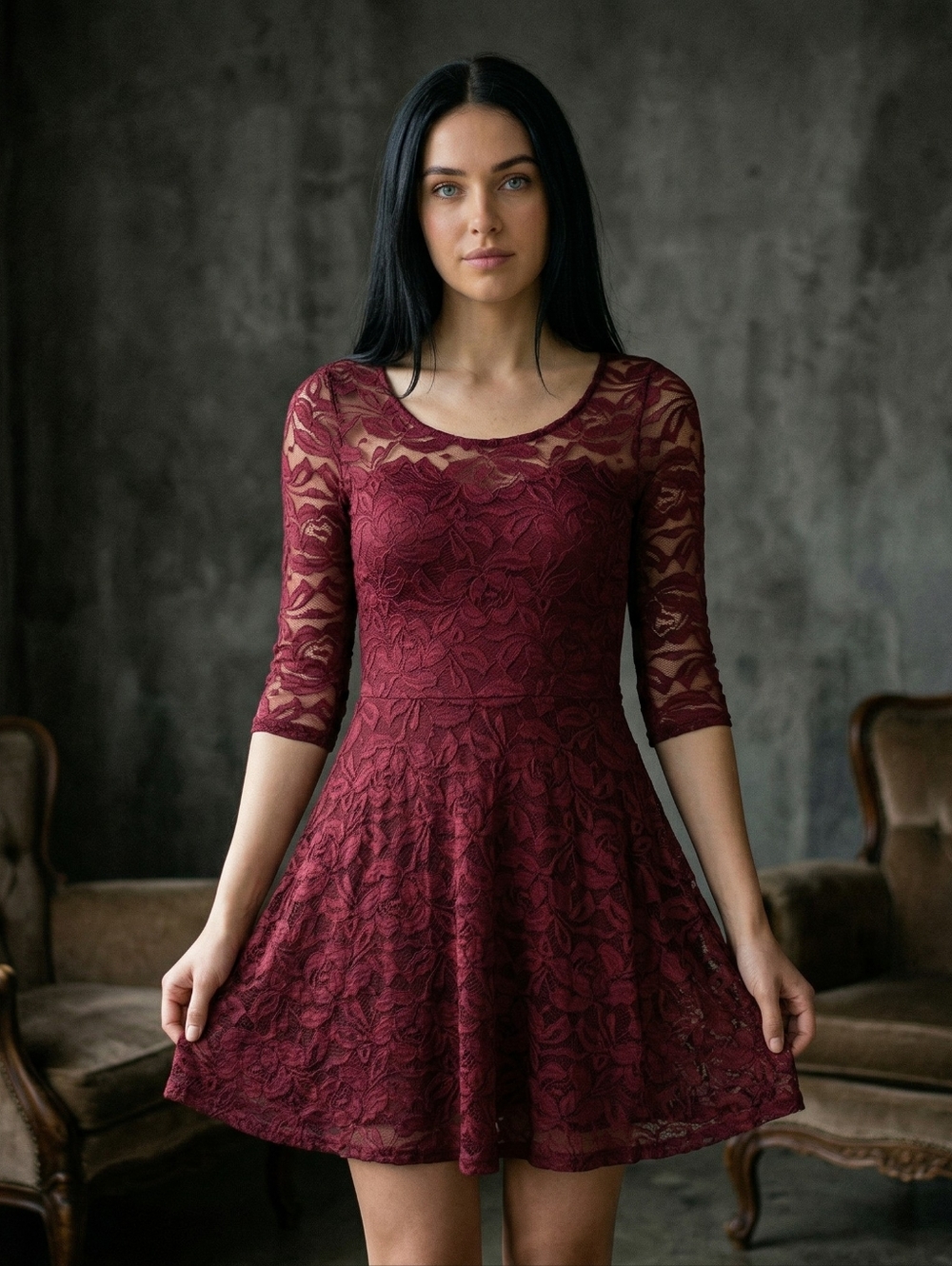 EUC Beautiful Material Girl Size Medium Wine Lace Illusion Skater Dress!!